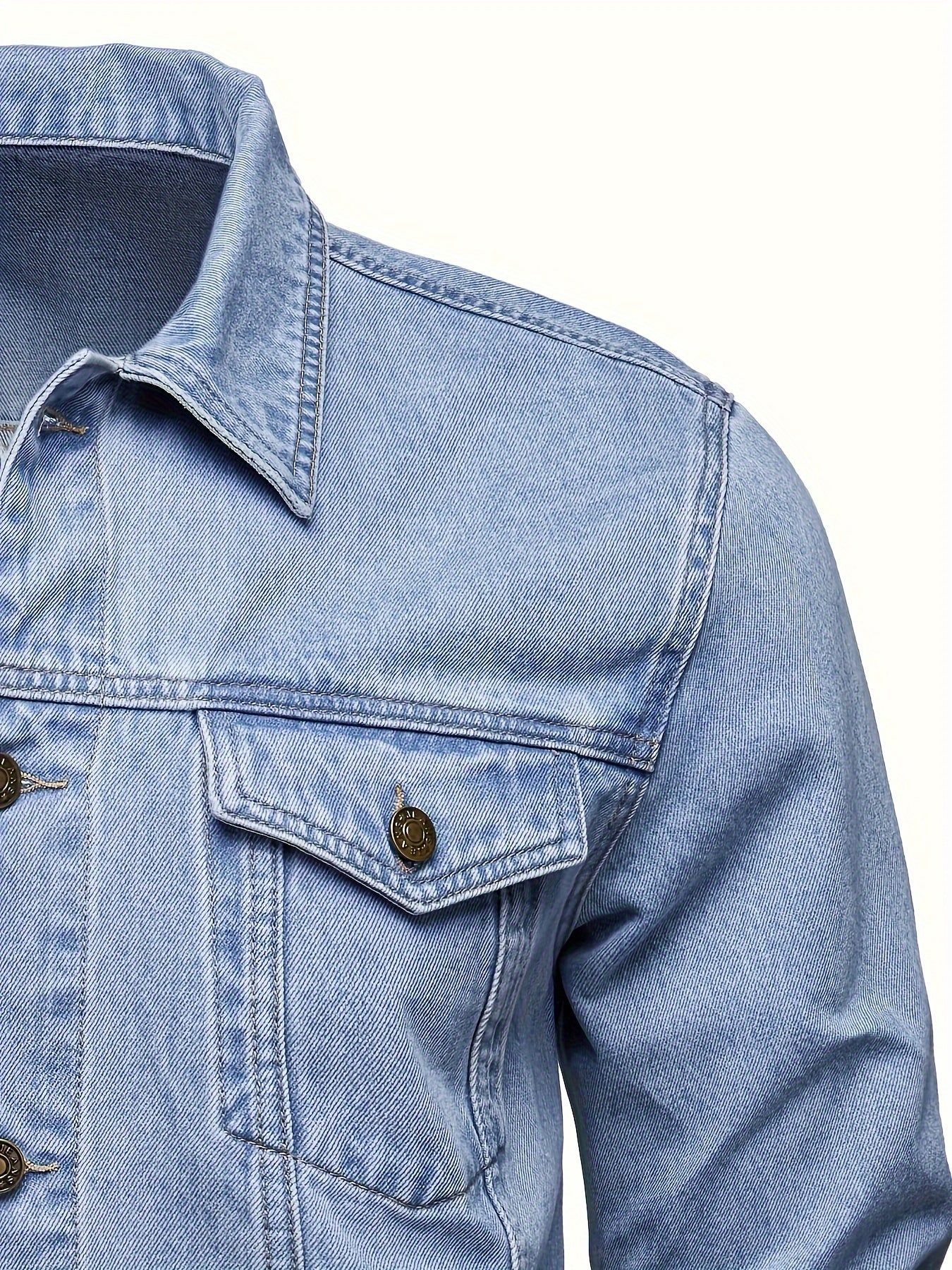 Men's Denim Jacket Long Sleeve Solid Color Woven Workwear with Lapel Pockets