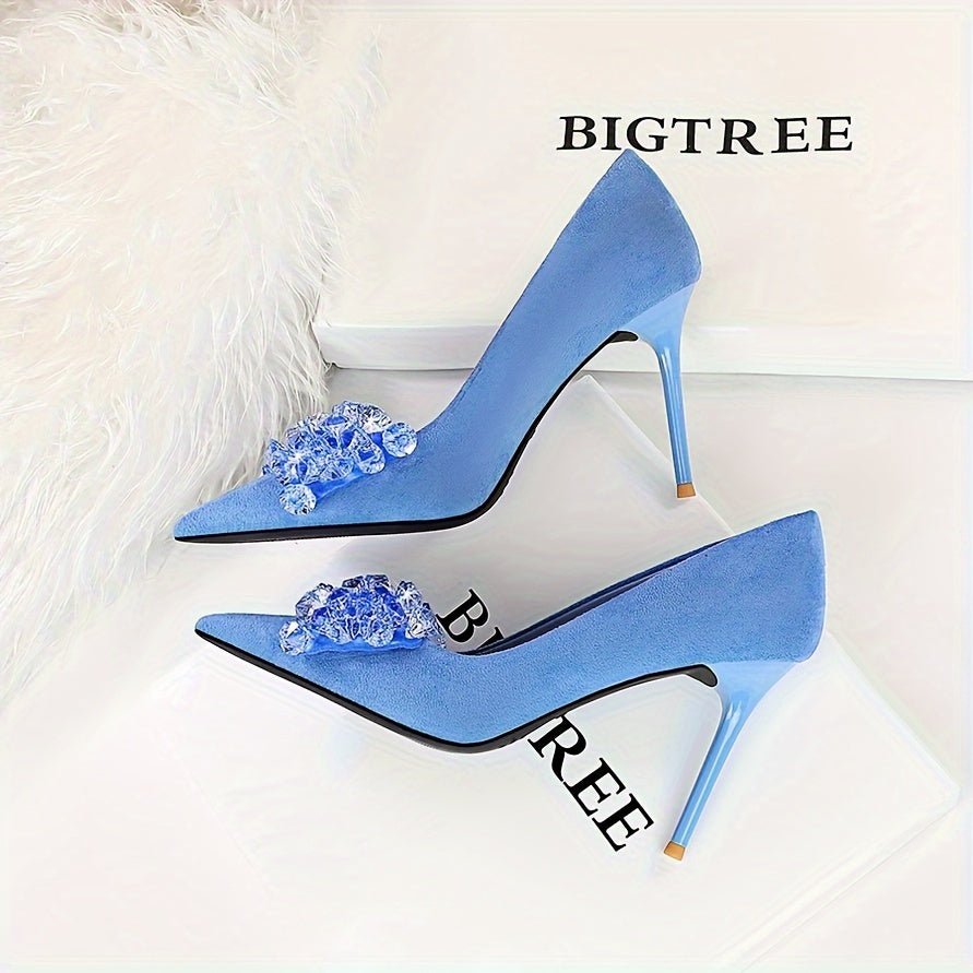 Women's Rhinestone Decor Stiletto Heels Point Toe Dress Pumps