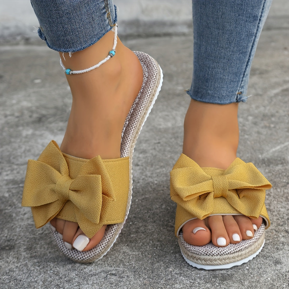 Women's Summer Sandals Flat Slides with Cushioned Insoles and Bow Design