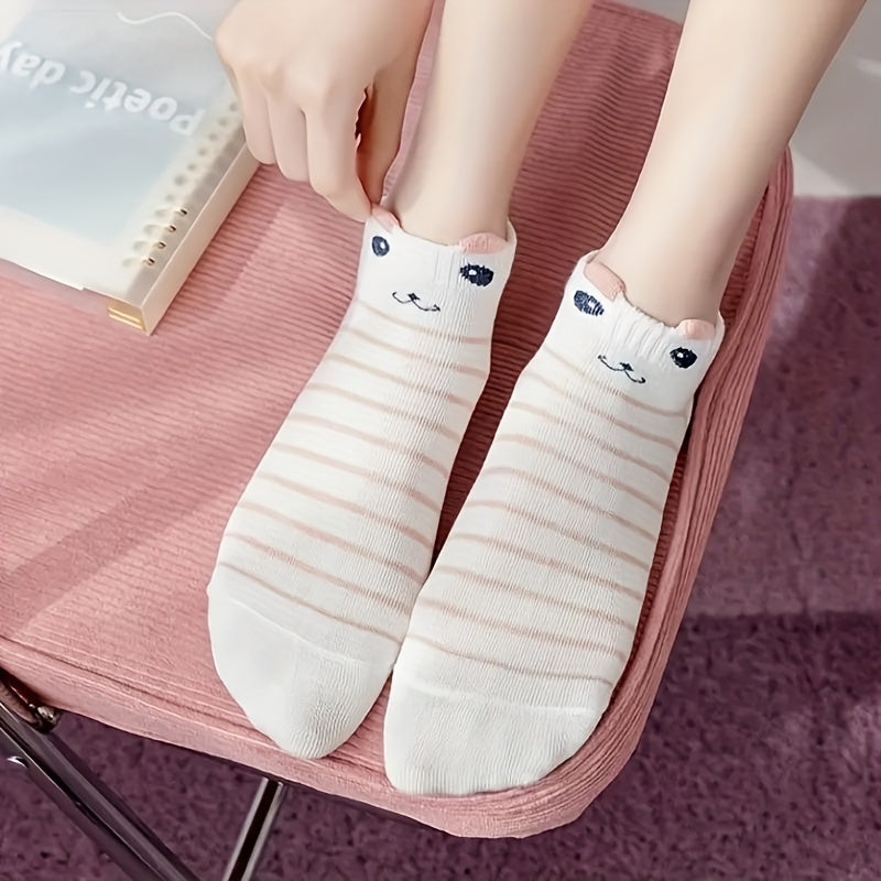 Women’s Ankle Socks 5 Pairs Cartoon Cat Print Soft Comfortable Knit Fabric