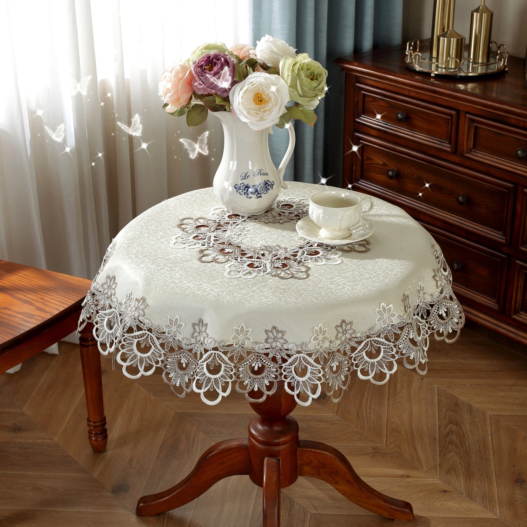 Polyester Round Tablecloth with Lace Border for Weddings and Events in Multiple Sizes