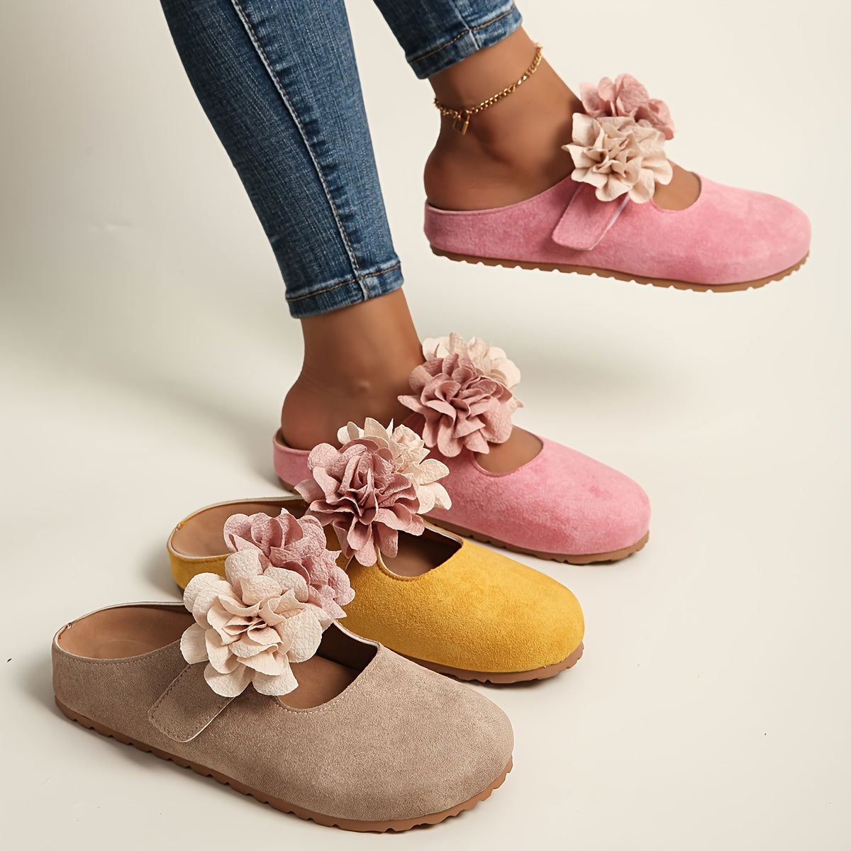 Women's Floral Embellished Slip-On Mules Soft Fabric Upper PU Sole Casual Shoes