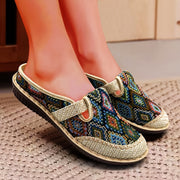 Women's Breathable Fabric Mules with Platform Heel and Embroidered Geometric Pattern