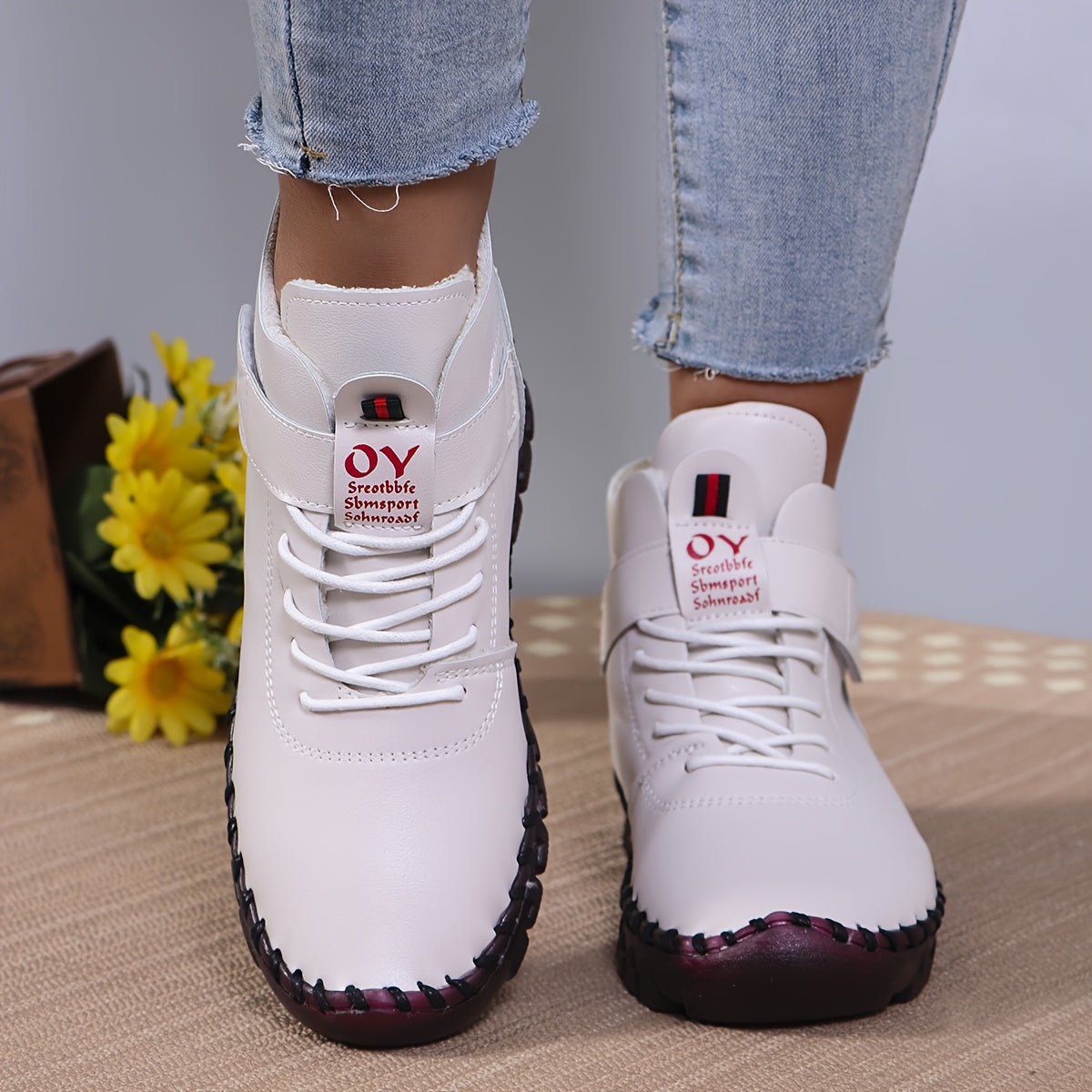 Women's White Brown Casual Mid-Top Shoes Faux Cover Fluffy Lining