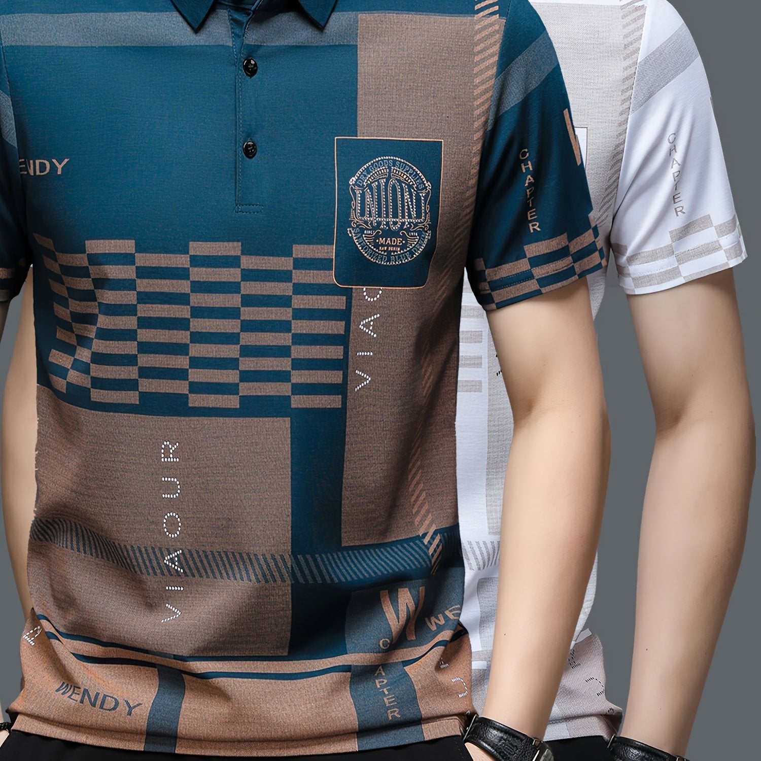 Conjunto de camisetas polo de verano para hombre, manga corta, patrón de cuadros, adornos en inglés