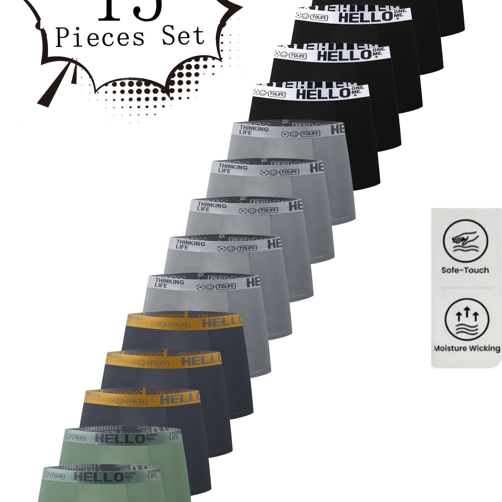 15-dona erkaklar uchun boxer shortlari, nafas oladigan polyester va spandeks aralashmasidan tayyorlangan. Yumshoq va qulay to'qilgan mato, bir rangda. 95% polyester, 5% spandeks, o'rtacha cho'zilish bilan. 130gsm og'irlik.