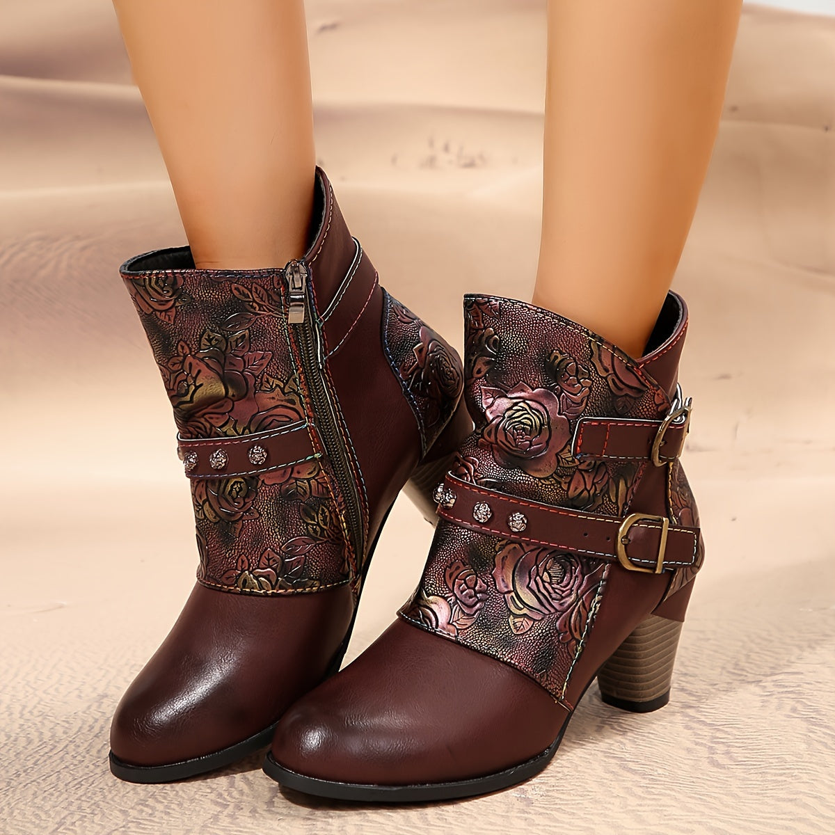 Women's Bohemian Rose Embossed PU Ankle Boots with Zipper and Cone Heel