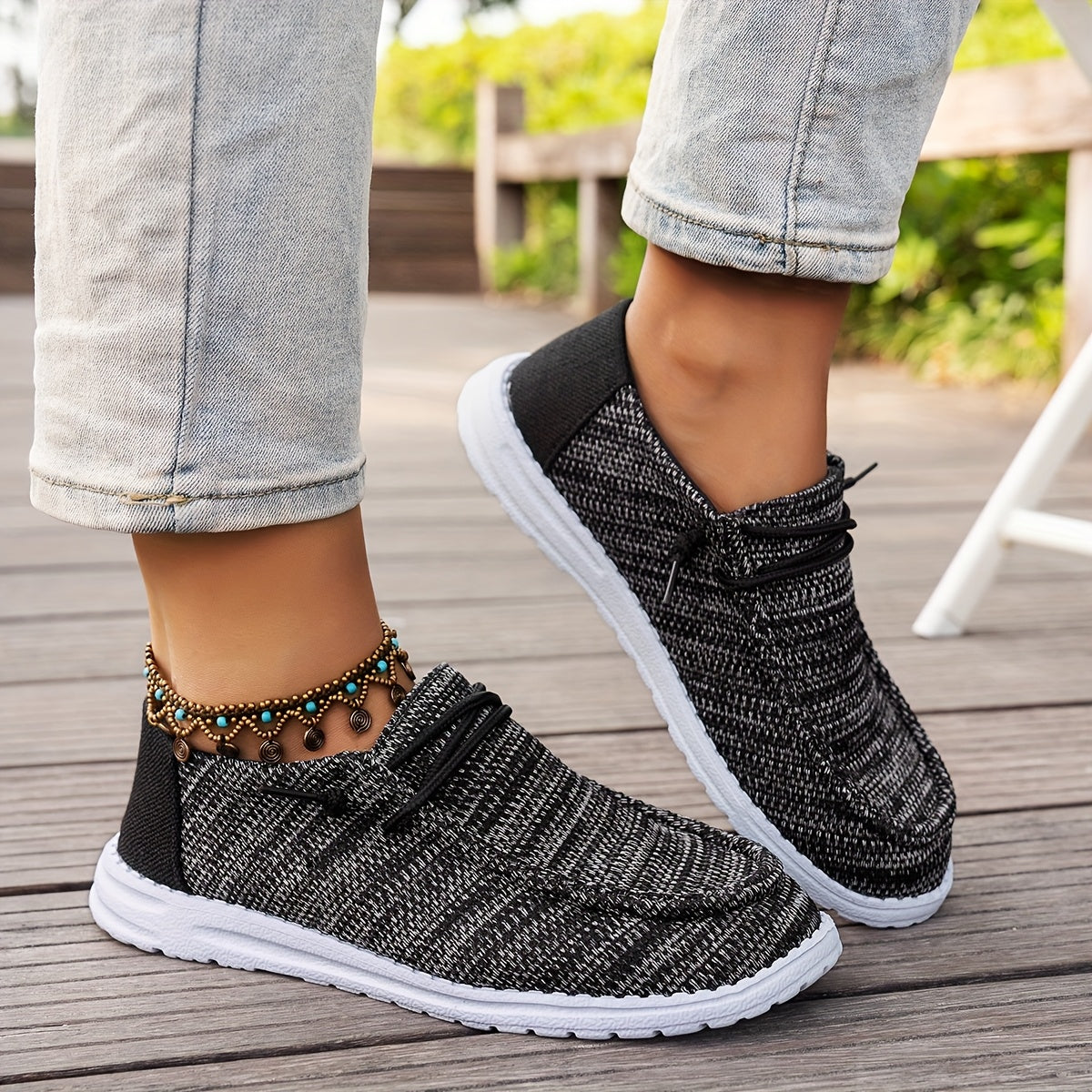 Women's Knit Slip-On Shoes with Round Toe Breathable Anti-Slip Flat Sole