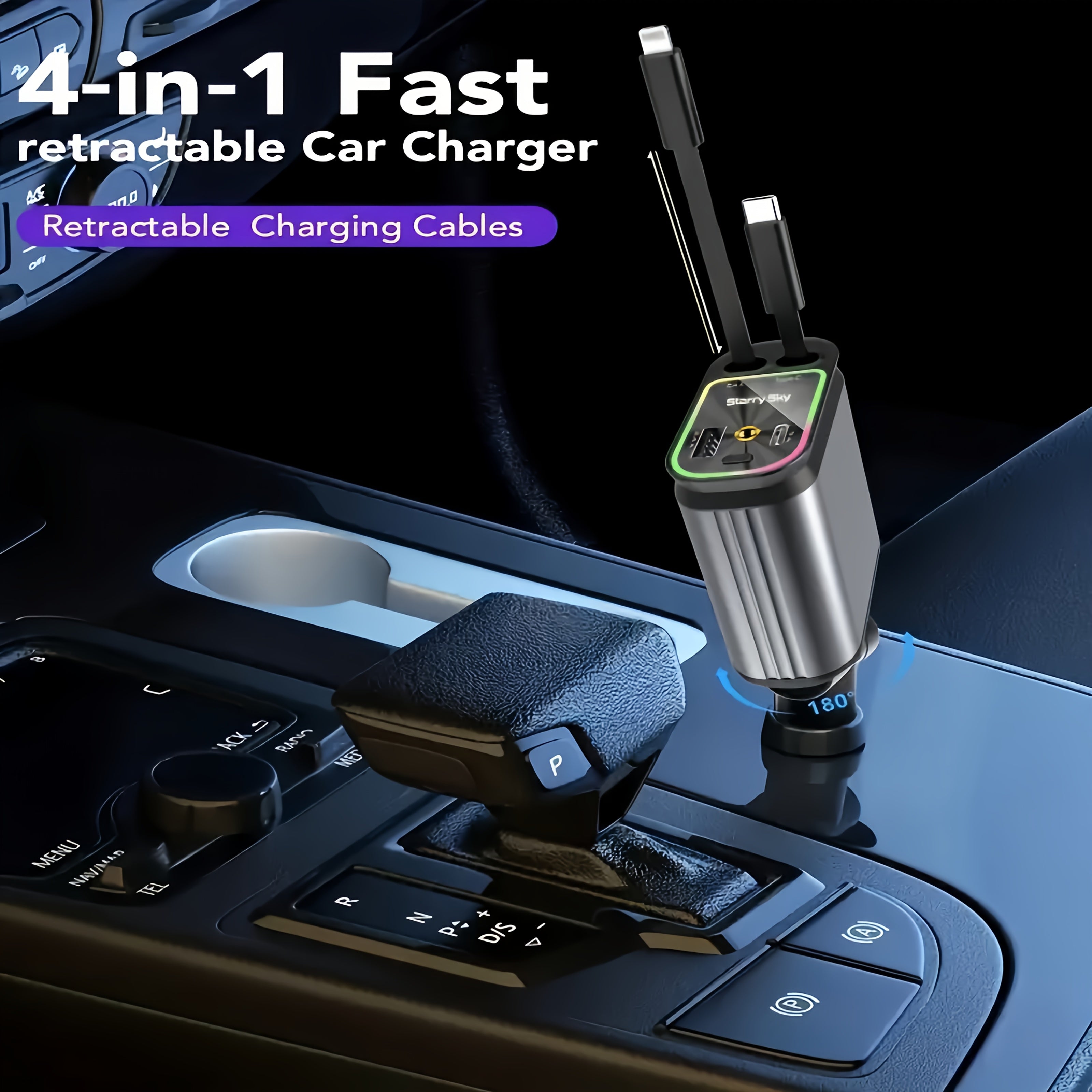 4-in-1 Avtomobil zaryadkasi Universal USB-C PD QC 4-portli tortli kabel