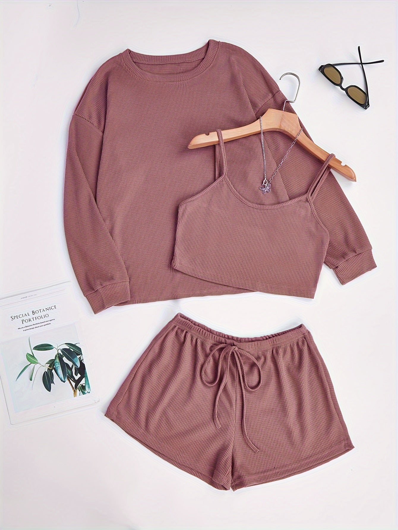 Adult Waffle Knit Pajama Set 3-Piece Solid Color All-Season Polyester Elastane