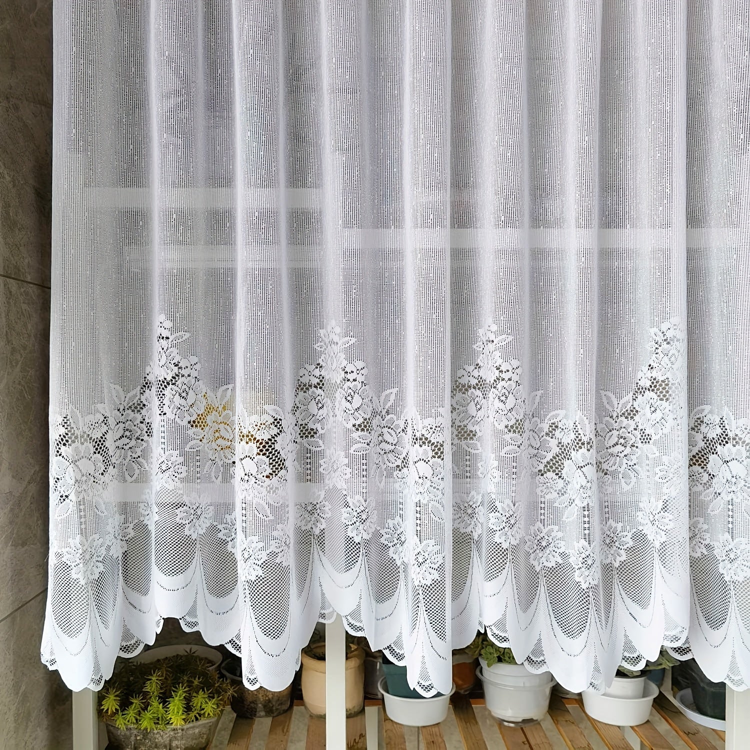 White Lace Sheer Curtain with Floral Pattern, Rod Pocket, Scalloped Bottom