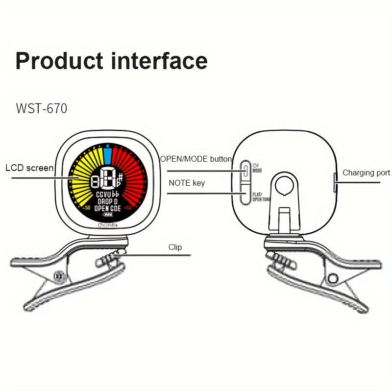 Cherub WST-670 qayta zaryadlanadigan klip-on tuneri, VA rangli ekran bilan, gitara, skripka, ukulele uchun xromatik tunerlash - litiy batareyali ko'p asbobli raqamli tuner