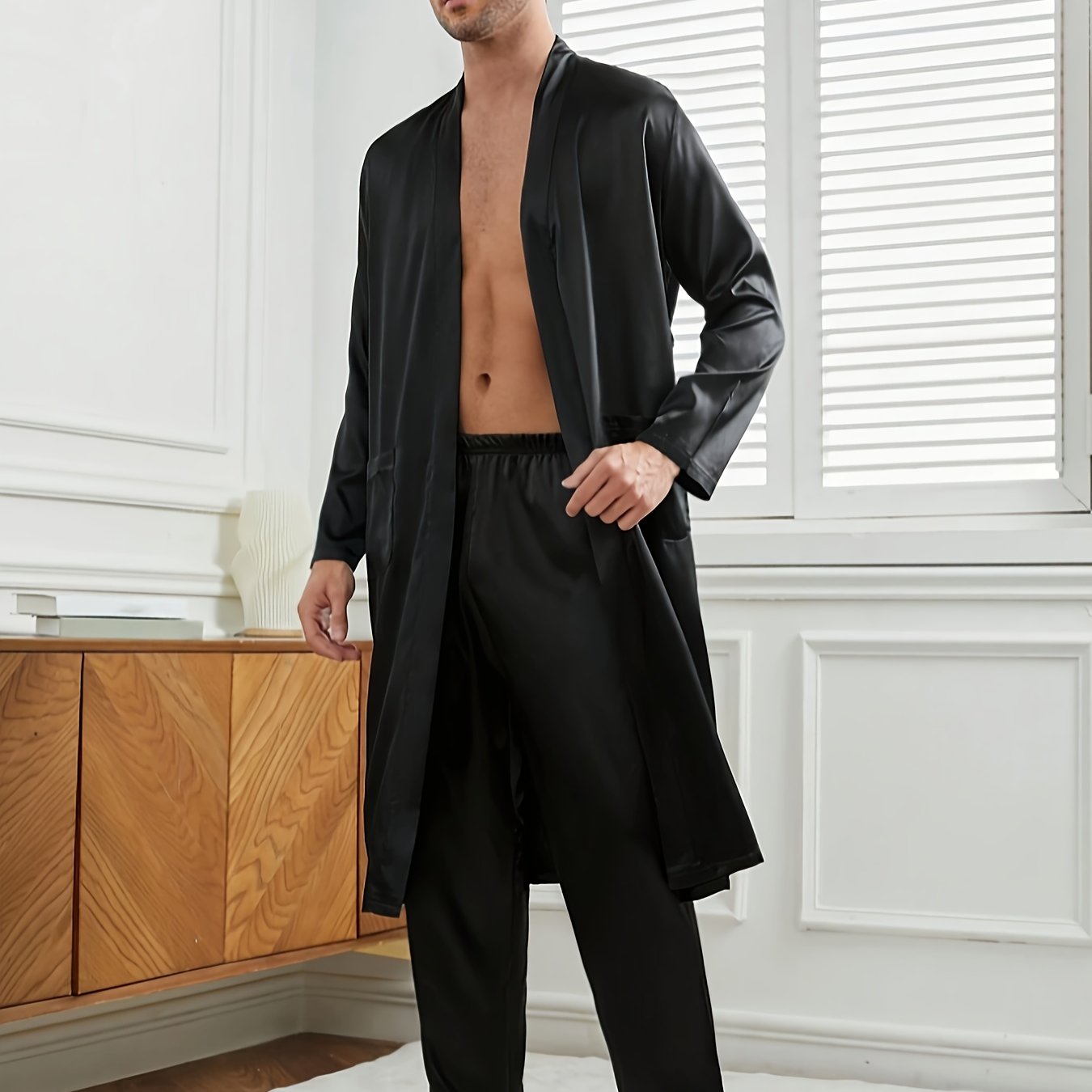 Men's Solid Color Woven Robe Set with Belt Long Sleeves V-Neck Casual