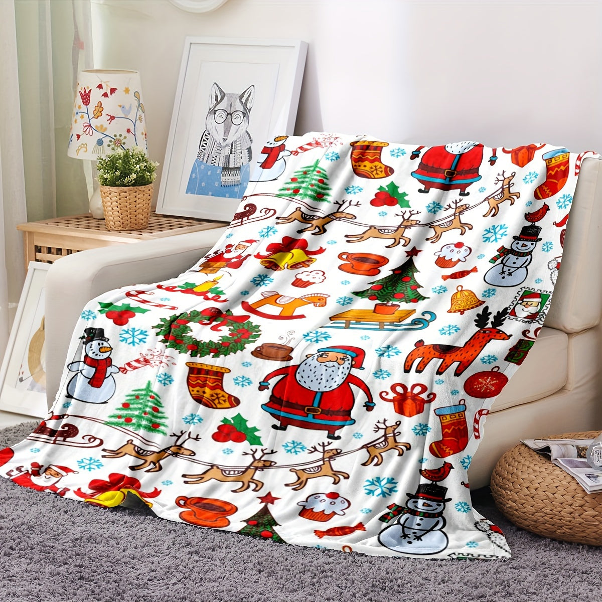 Reversible Flannel Fleece Christmas Cartoon Blanket for Sofa and Bed