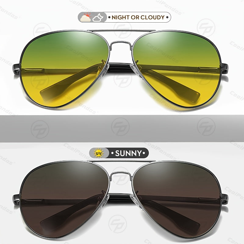 Pilot Sunglasses with Polarized Photochromic Lenses for Day and Night Driving