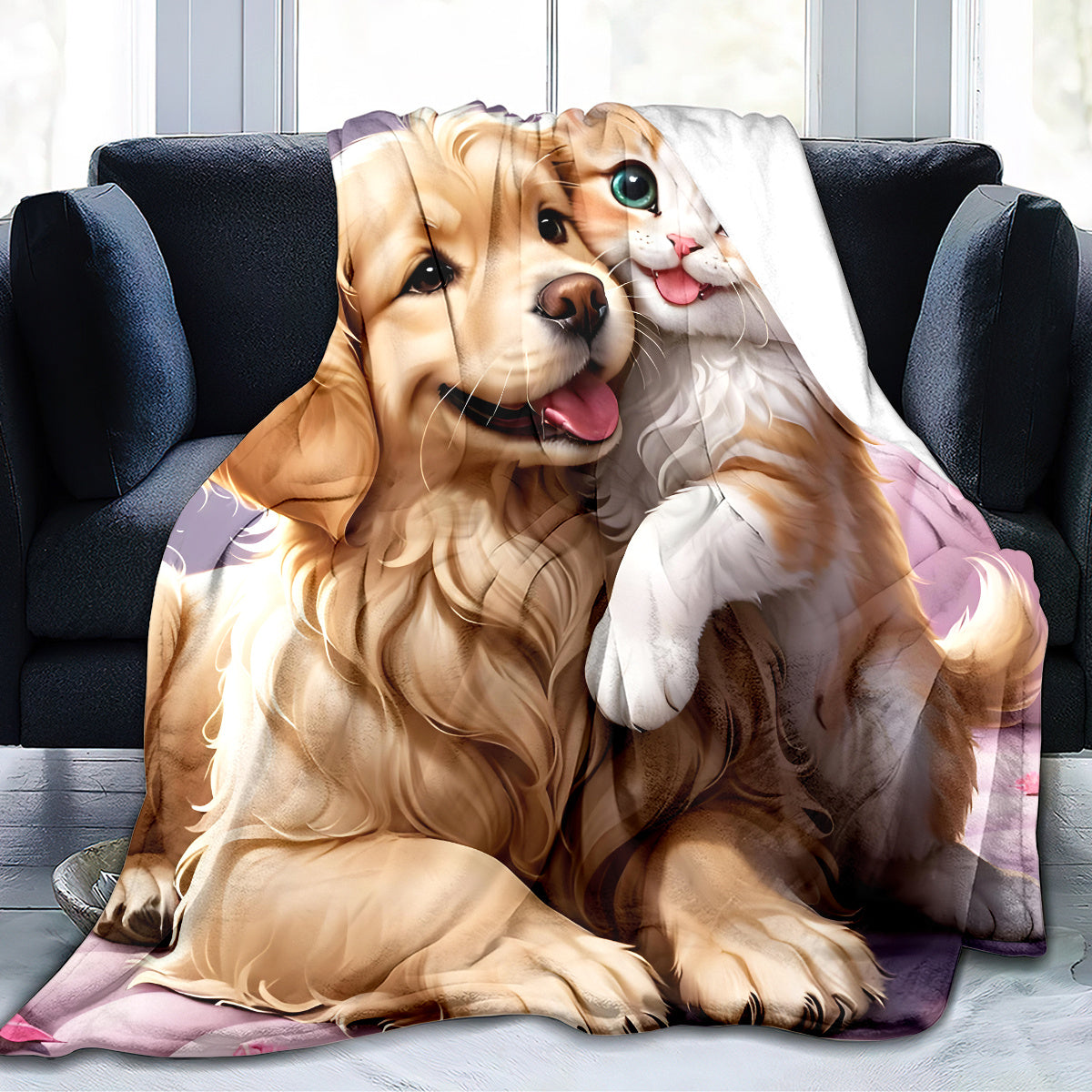 Soft Cozy Kitten and Puppy Flannel Throw Blanket for Sofa Bed Travel Camping Office