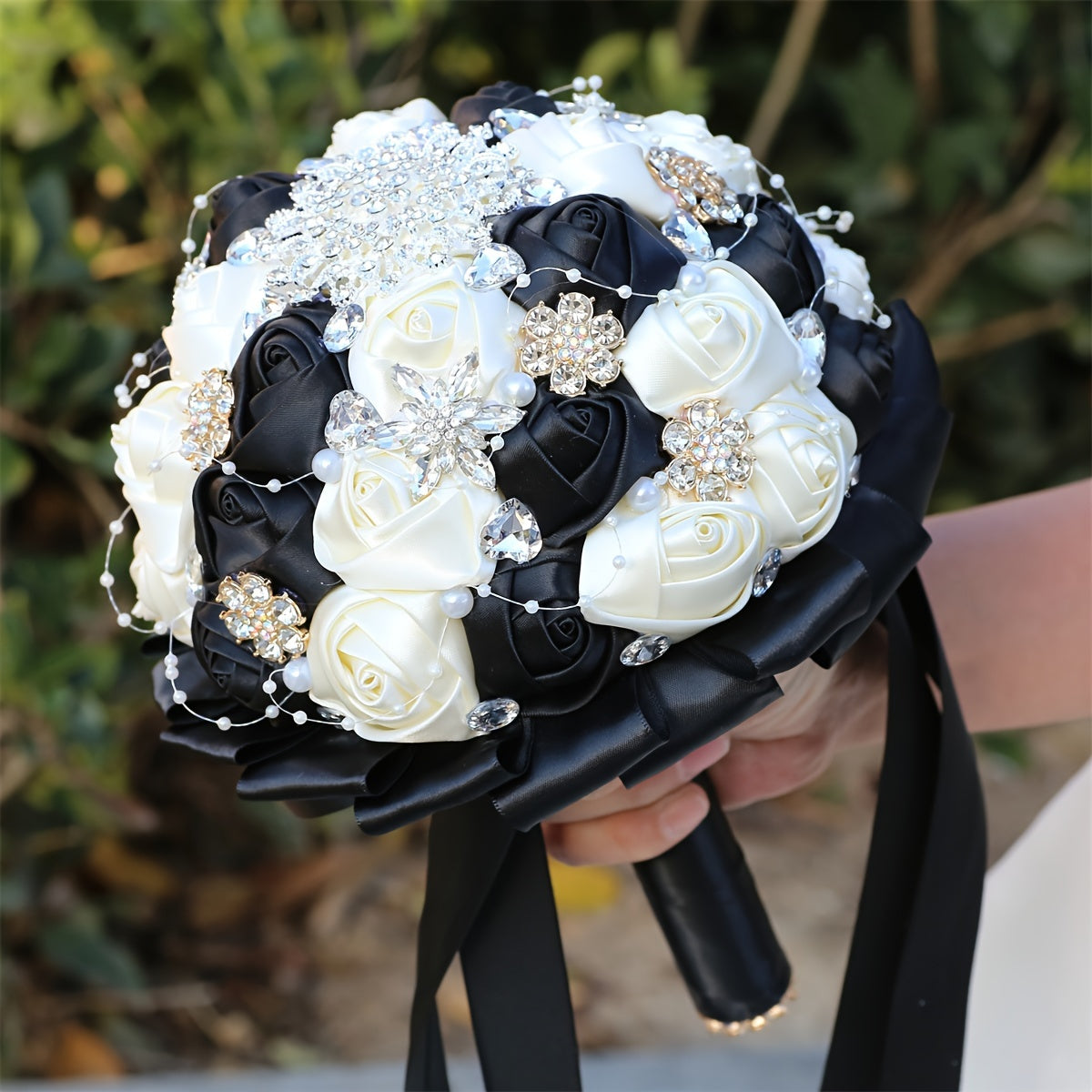 Handmade Wedding Bouquet Satin Flowers Rhinestones Faux Pearls for Bride Bridesmaids