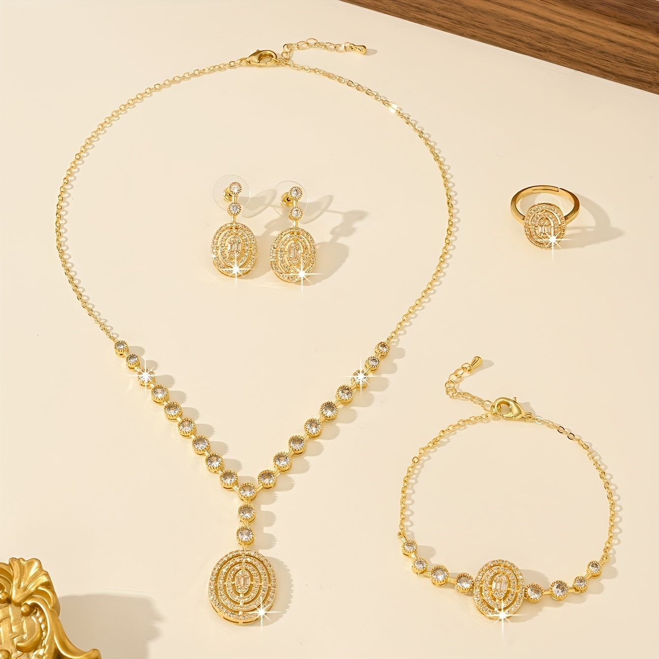 Luxurious women's bridal jewelry set featuring five pieces, adorned with genuine oxidized zirconia. Perfect for everyday wedding attire or as a special gift for loved ones.