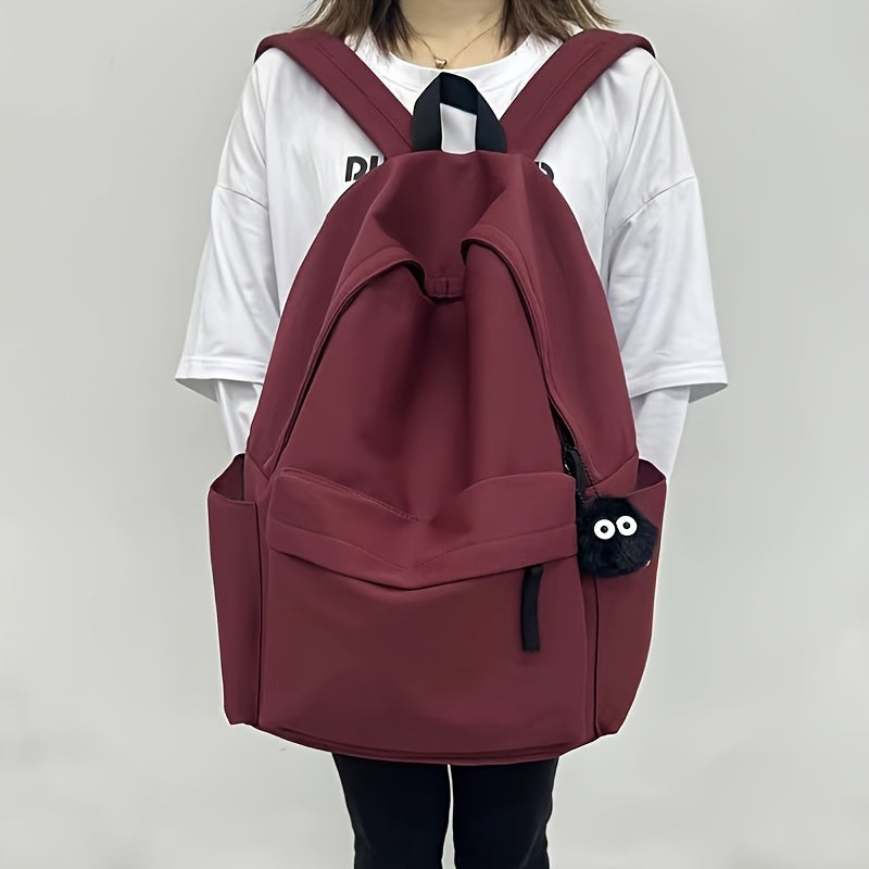 Ayollar uchun Preppy uslubidagi nylon rucksack, sozlanadigan kamarlar, bir xil rang, katta sig'im, zip yopilishi, polyester astar - tasodifiy ishga borish uchun kitob sumkasi