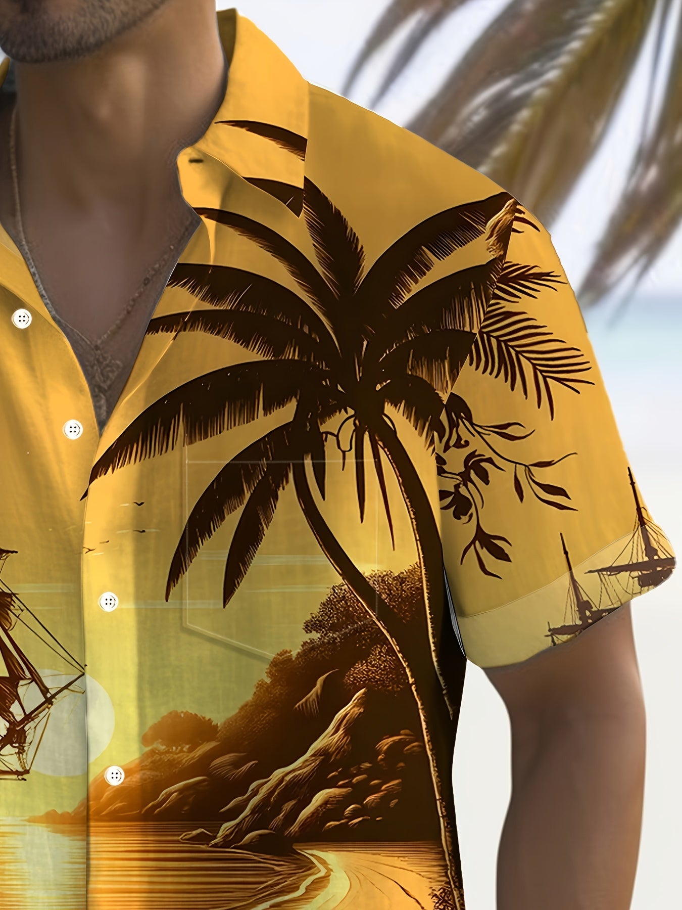 Men's Hawaiian Sunset Sailboat 3D Print Polyester Shirt with Lapel Collar and Pocket
