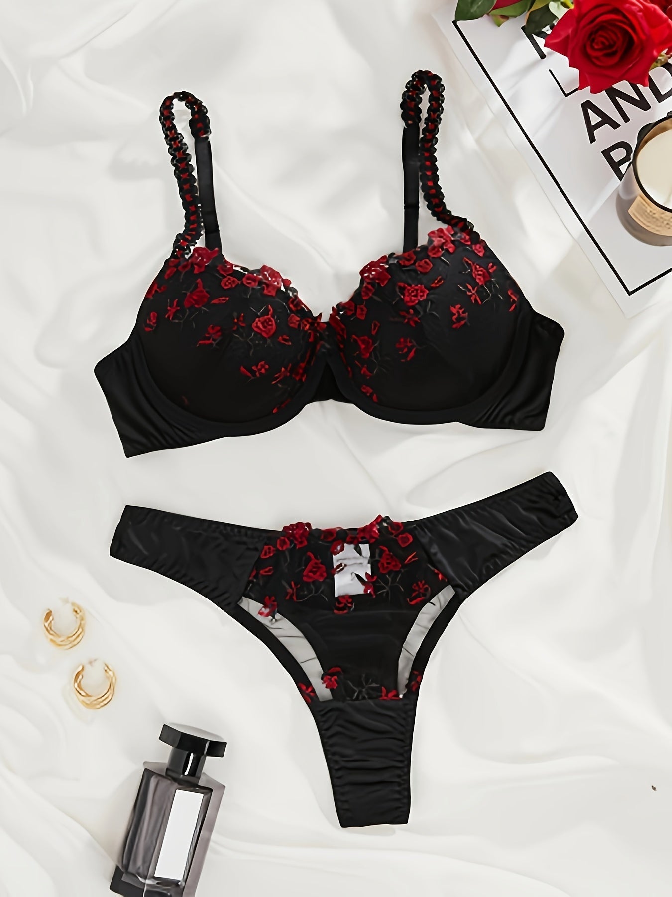 Floral Embroidered Lingerie Set with Push-Up Bra and Panties