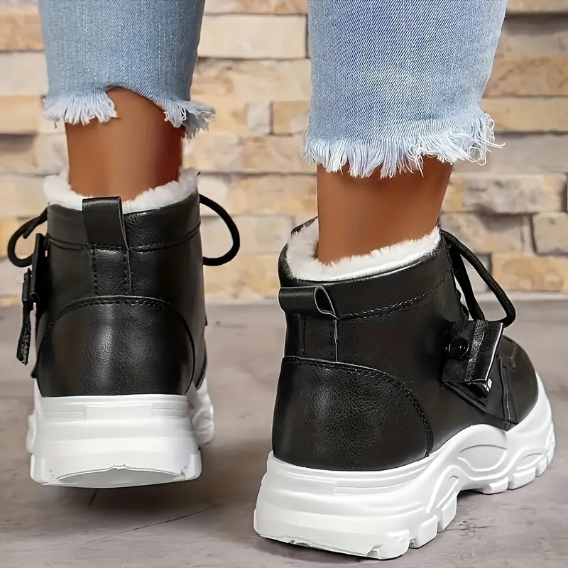 Women's Plush-Lined Platform Ankle Boots Winter Warm High-Top Sneakers Black/White