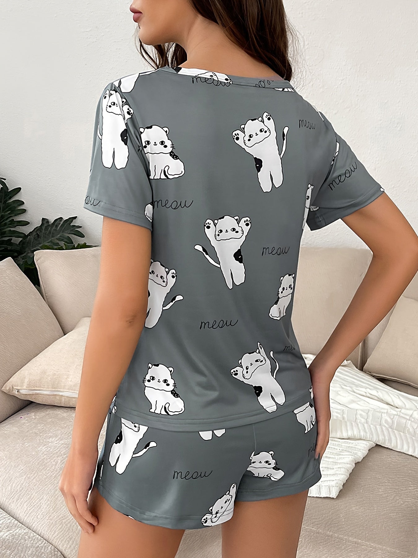 Women's Kitty Print Pajama Set Short Sleeve Shorts All Season