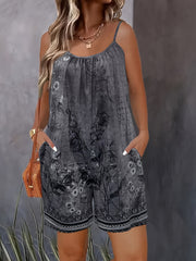 Mono casual de verano para mujer talla plus con estampado floral, con tirantes finos y bolsillos