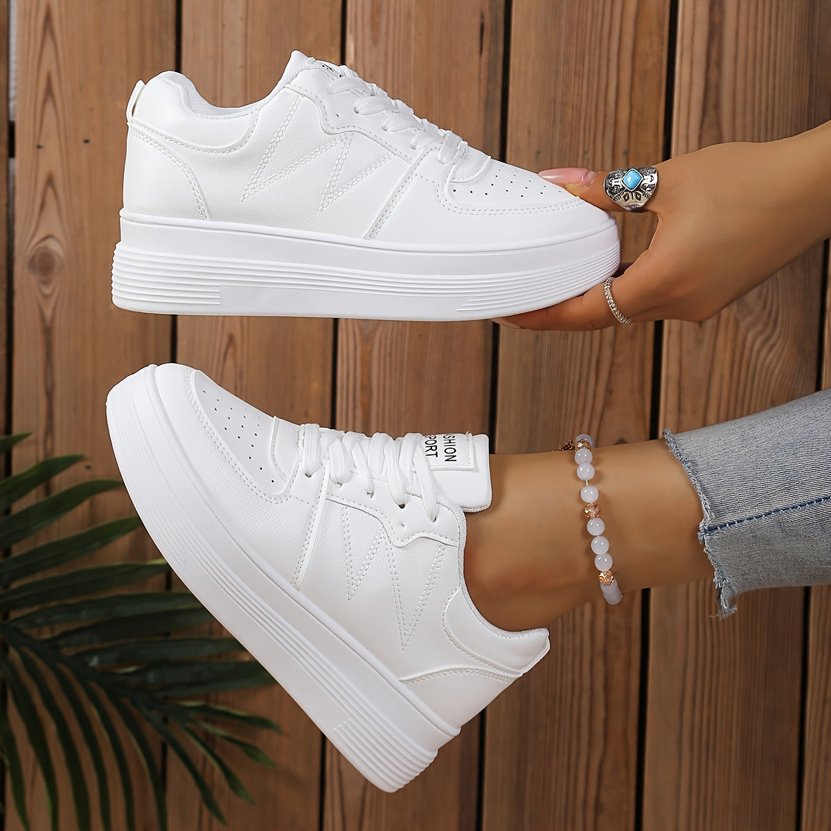 Women's White Low-Top Lace-Up Sneakers Casual Breathable Fabric Rubber Sole