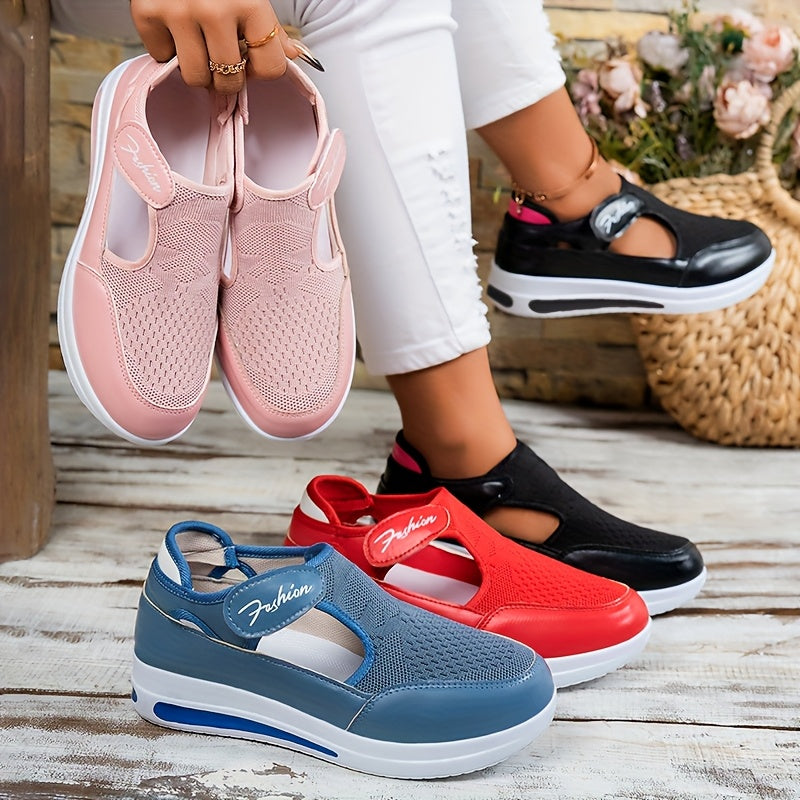 Women's Breathable Knit Sneakers Low Top Outdoor Shoes with Fastener in Pink Blue Black