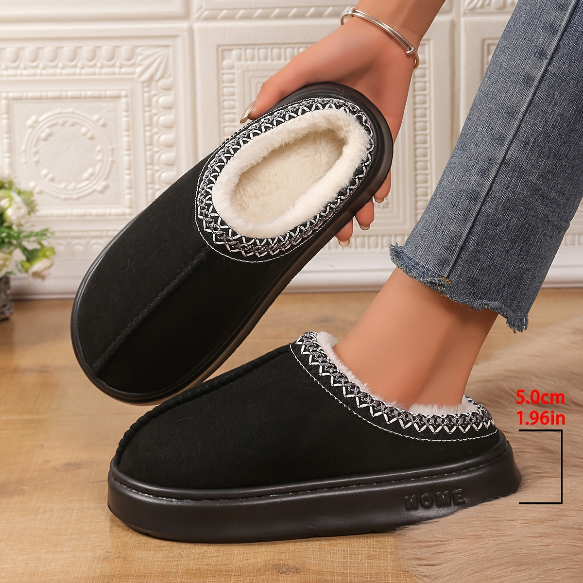 Unisex Plush Winter Slippers Soft Fabric Indoor Outdoor House Shoes Black