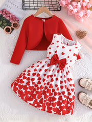 Girls' Valentines Day Outfit Set Long-Sleeved Cardigan and Sleeveless Sundress for Kids