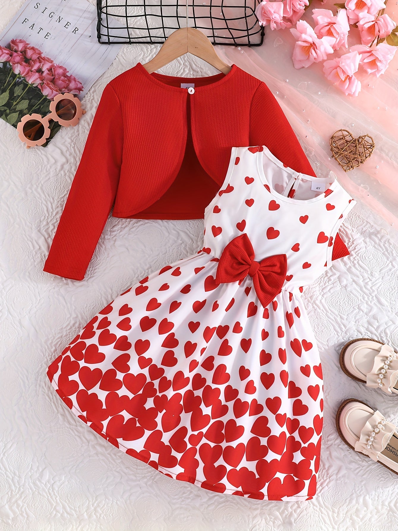 Girls' Valentines Day Outfit Set Long-Sleeved Cardigan and Sleeveless Sundress for Kids