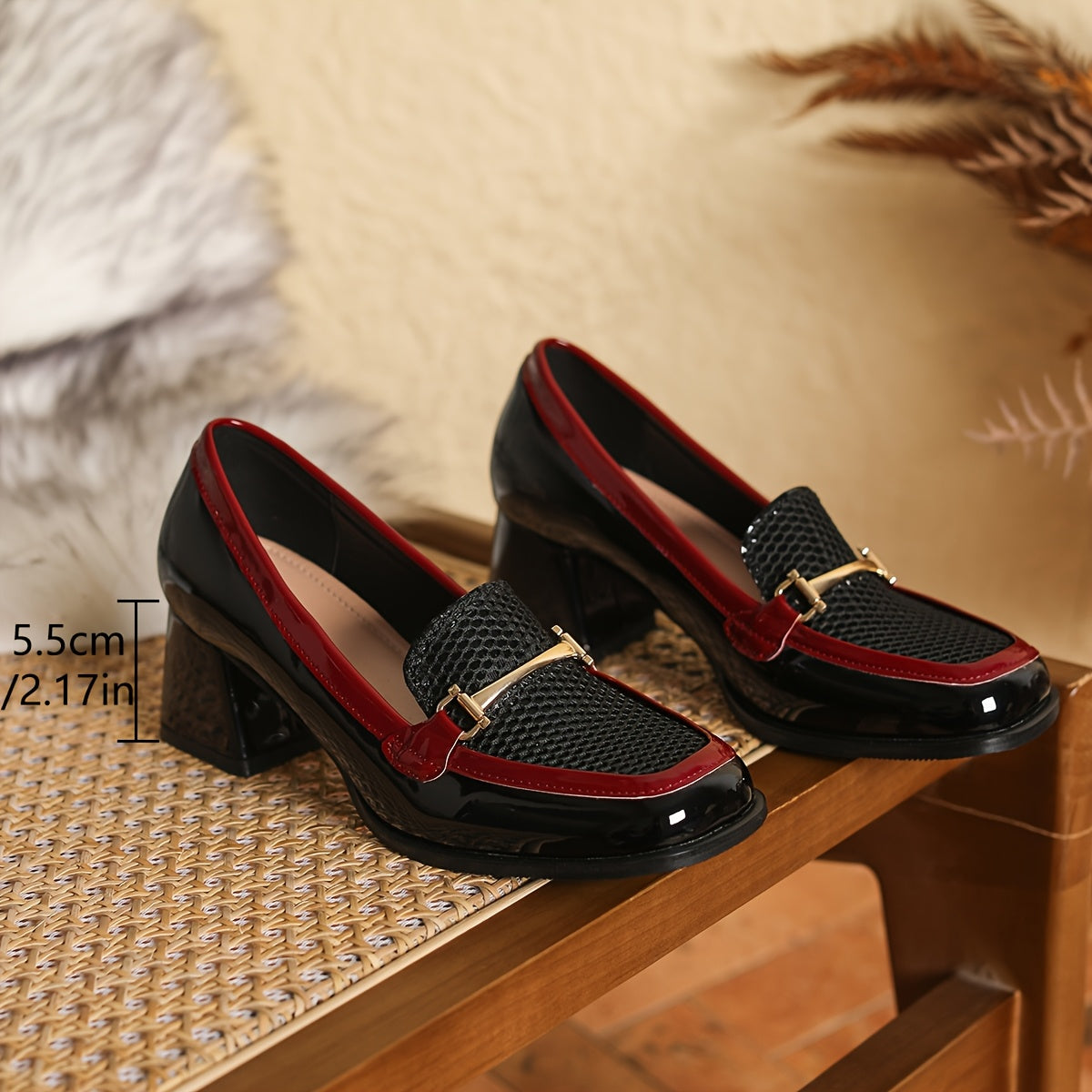 Women Flats Black And Red Block Heel Square Toe Non-Slip All-Season Comfortable Shoes