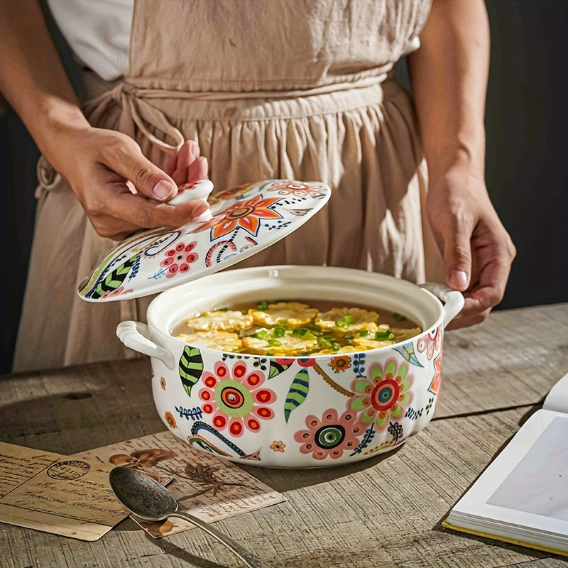 Ceramic Traditional Chinese Style Soup Pot with Double Handles Floral Pattern and Lid