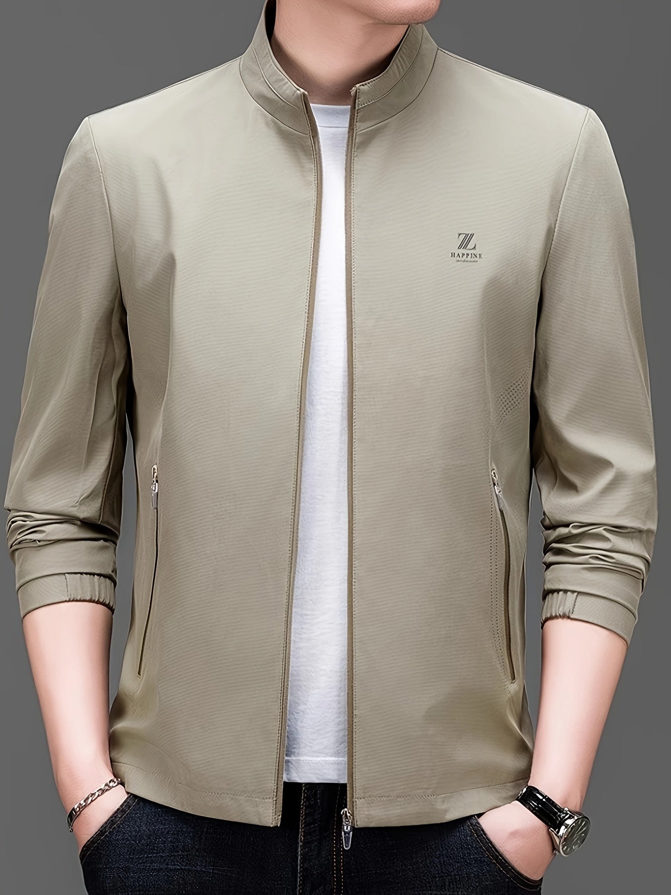 Men's Casual Woven Polyester Stand Collar Jacket for Spring Fall
