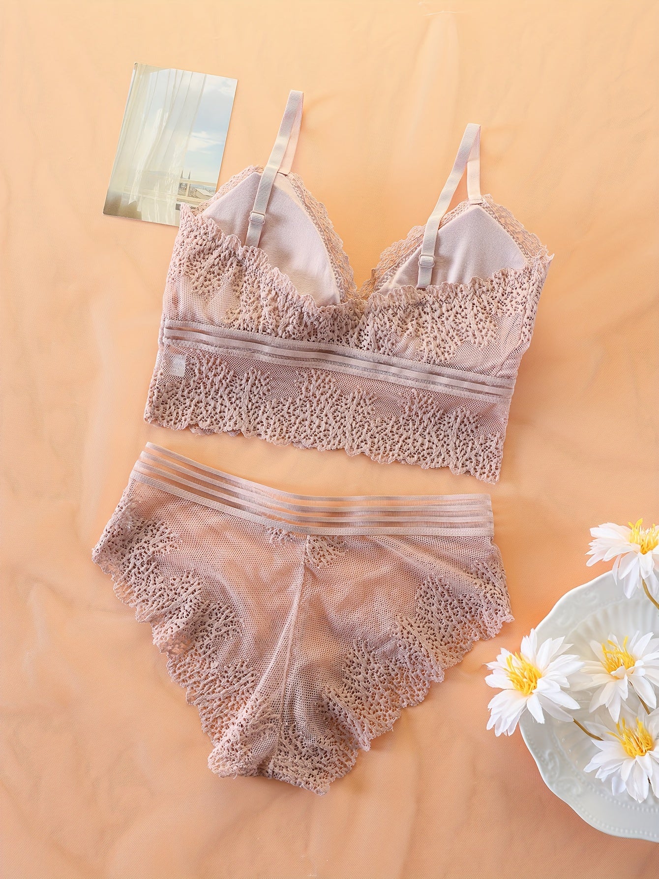 Women's Lingerie Set with Contrast Lace Push-Up Bras and Mesh Panties