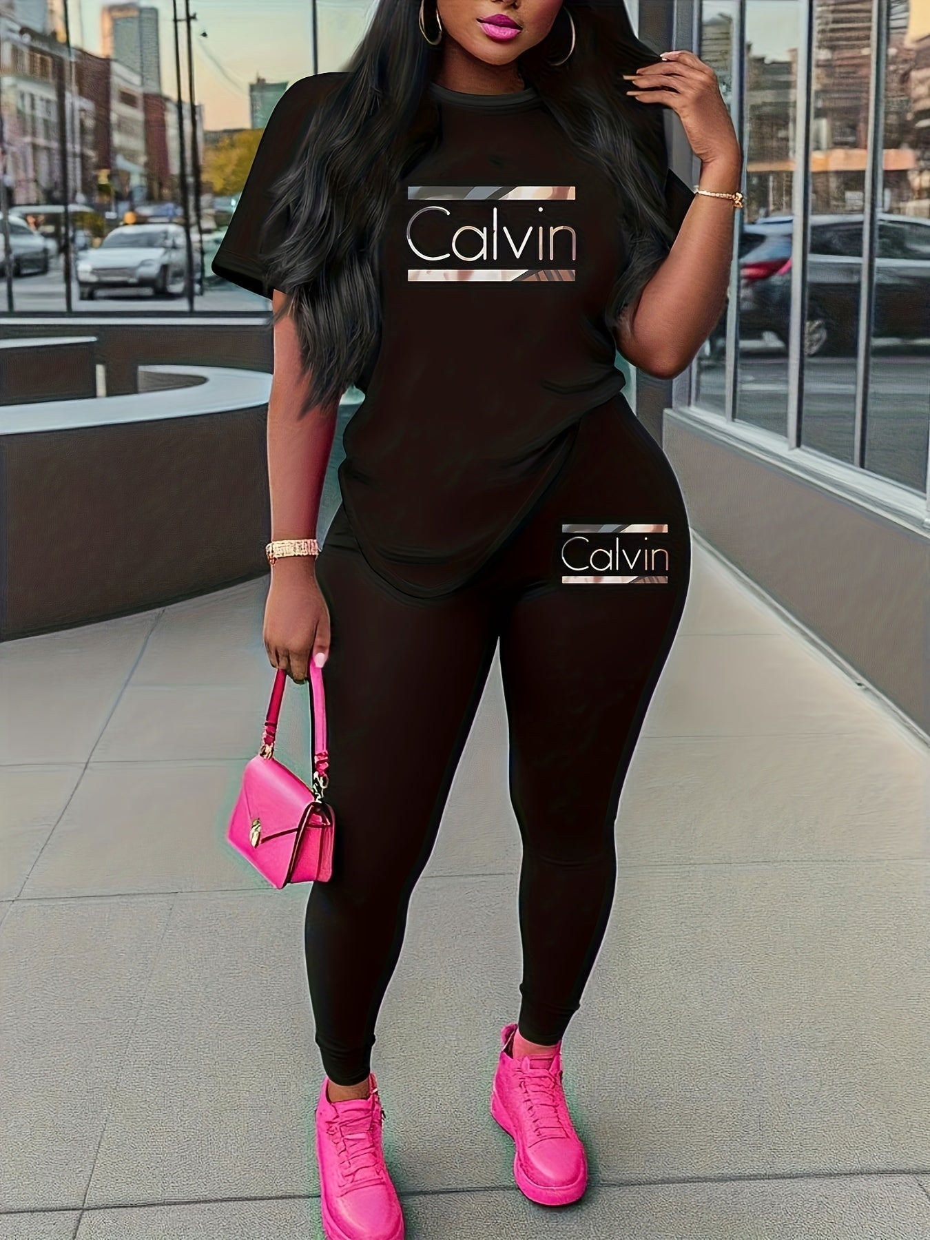 Women's Sportswear Set Slim Fit Short Sleeve Top and Trousers Polyester Large Size Four Seasons