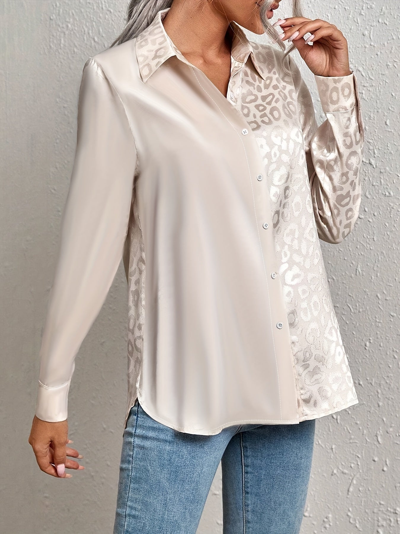 Leopard Print Patchwork Satin Blouse for Women Long Sleeve Button-Up Spring Fall