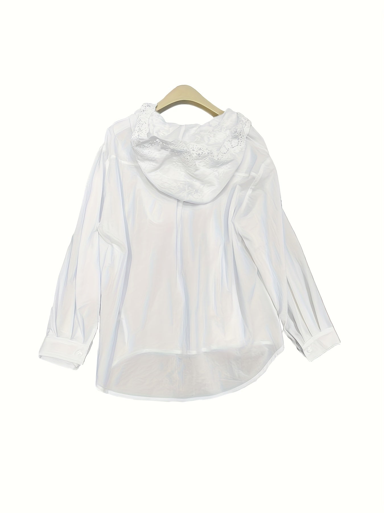 Chaqueta de manga larga con capucha y borde de encaje para mujer talla plus, color sólido, ropa exterior casual para todas las estaciones