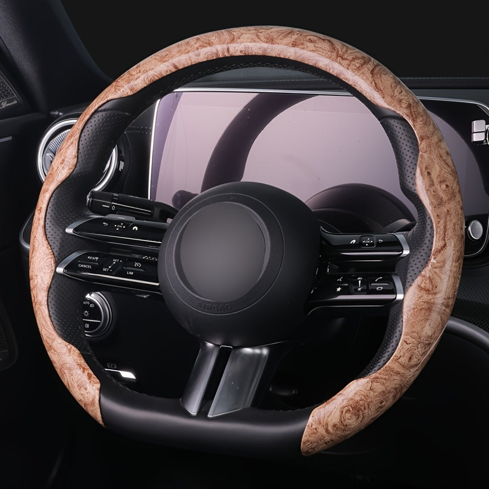 Car Steering Wheel Cover Mahogany Grain Leather Anti-Slip Universal