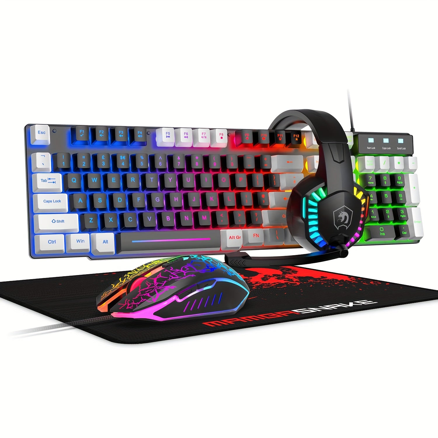 4-in-1 Gaming Bundle with Rainbow LED Backlit Keyboard Mouse Headset and Mousepad