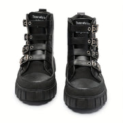 Women’s Black Motorcycle Boots with Metal Buckles and Thick Sole