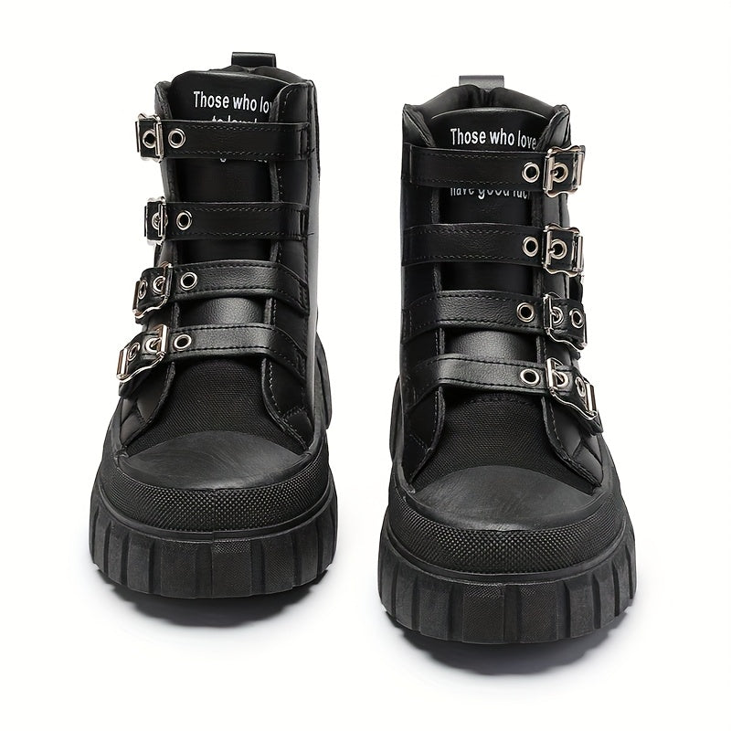 Women’s Black Motorcycle Boots with Metal Buckles and Thick Sole