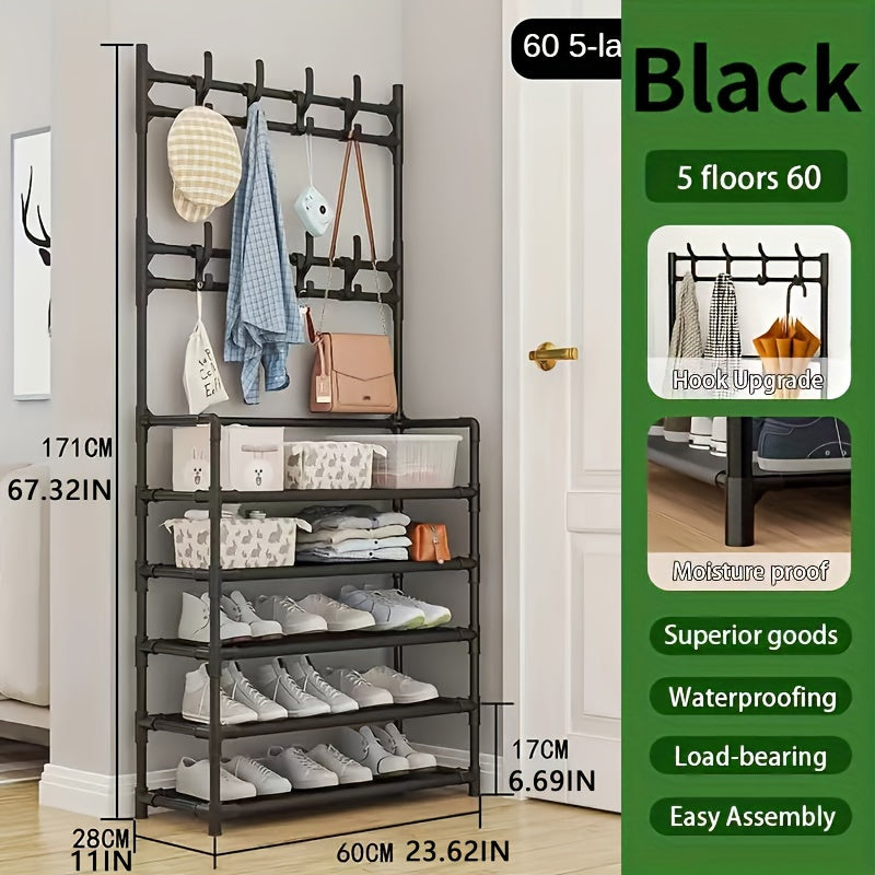 Metal Entryway Storage Rack with Shoe Shelves Hooks and Coat Stand in White or Black