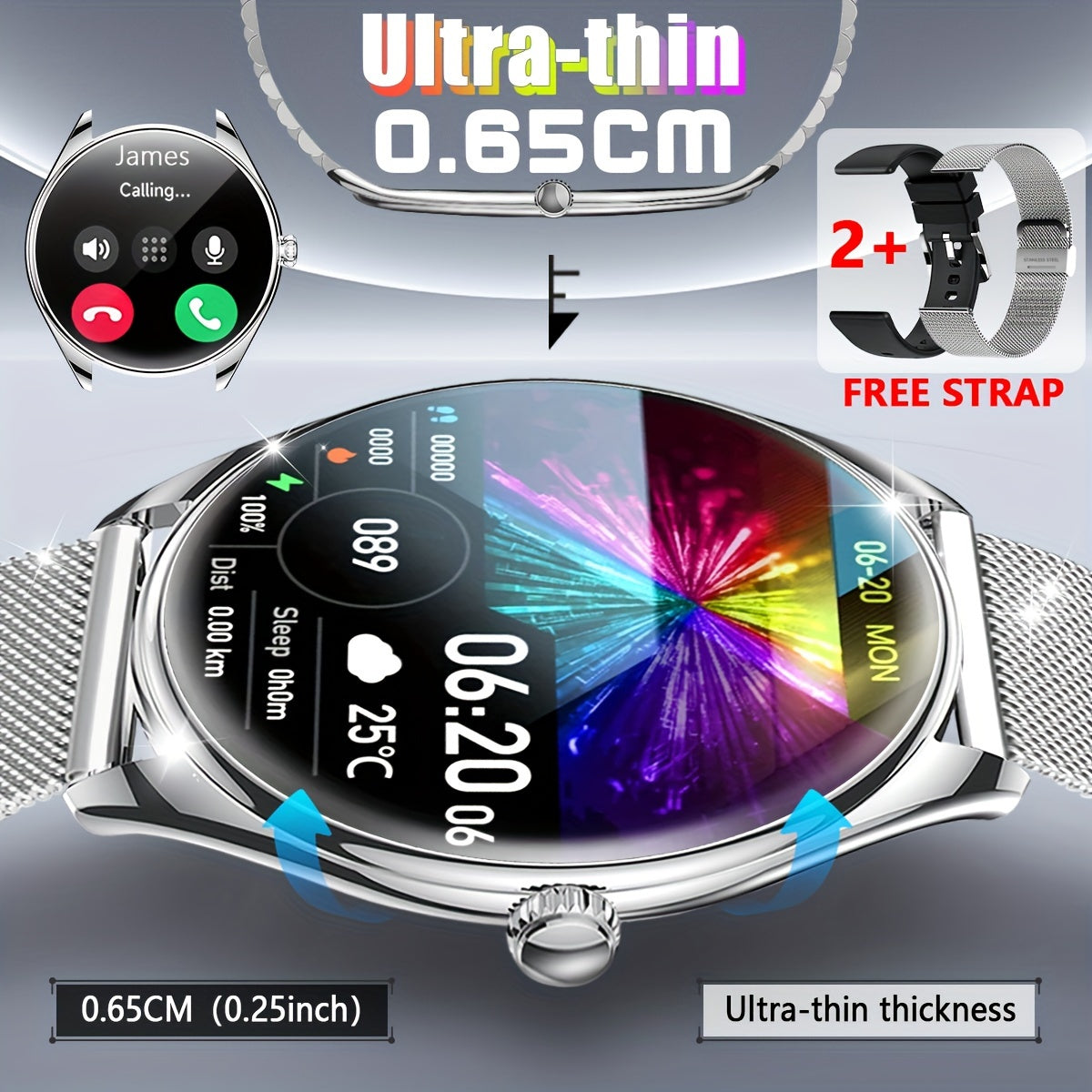 Ultra-Thin Smart Watch with Call Function Stainless Steel Fitness Tracker 100+ Sport Modes