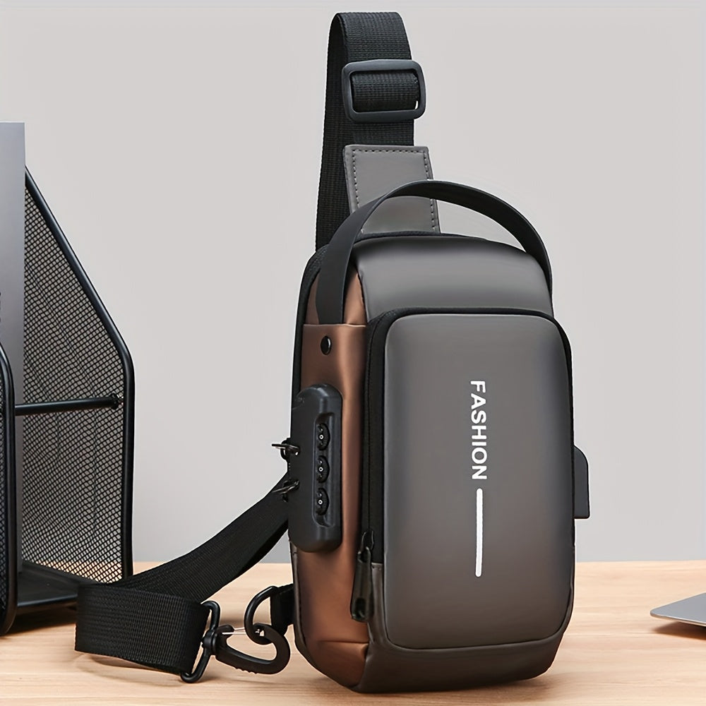 Women's Blue Oxford Fabric Crossbody Bag with Motorcycle Style and Combination Lock Strap