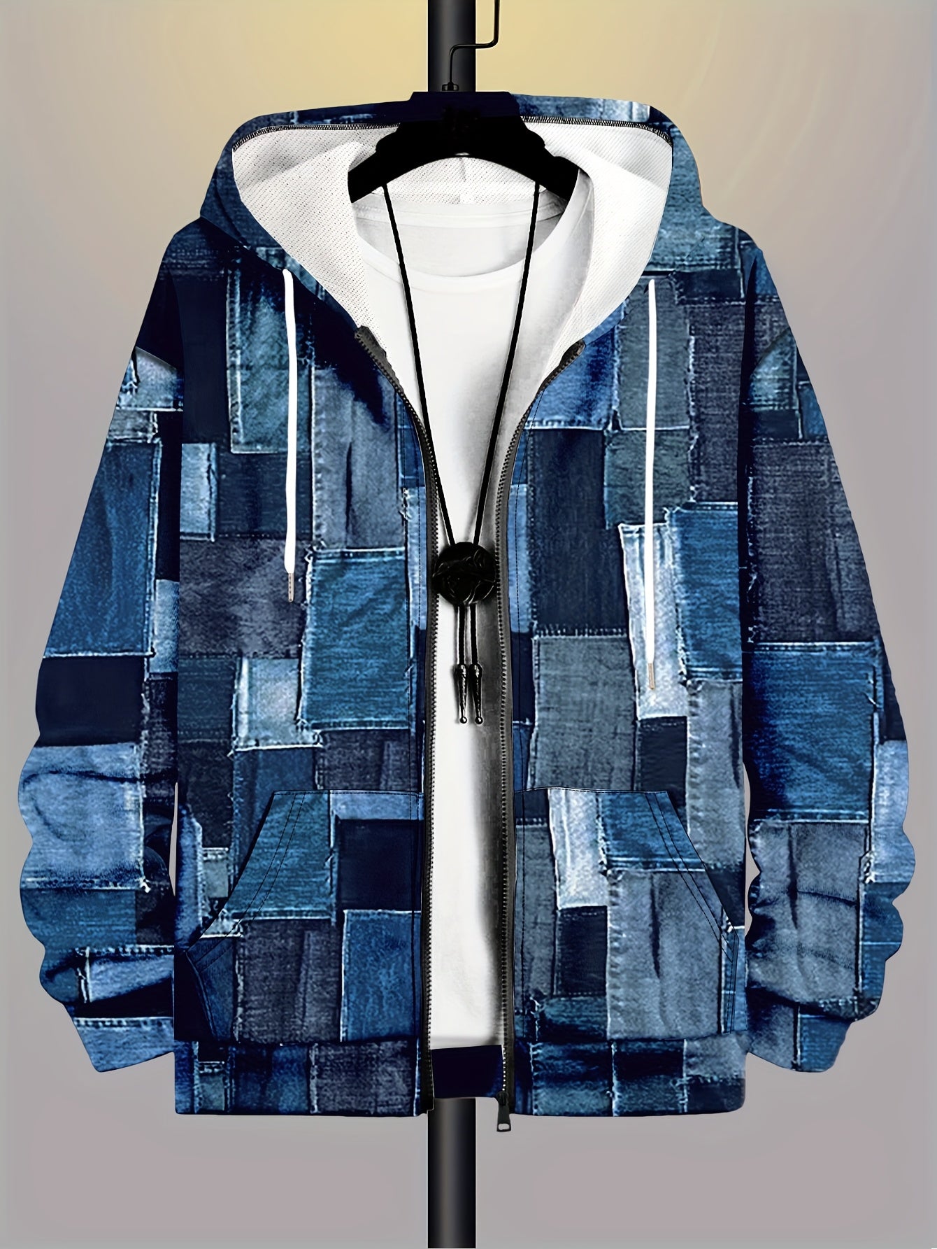 Plus Size Hooded Zip-Up Cardigan with Print Polyester Knit for All Seasons