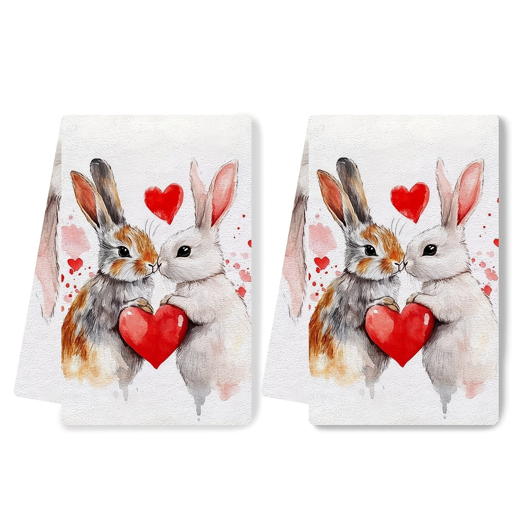 Valentine's Day Kitchen Towels Set 2 Ultra Soft Absorbent Bunny Heart Design