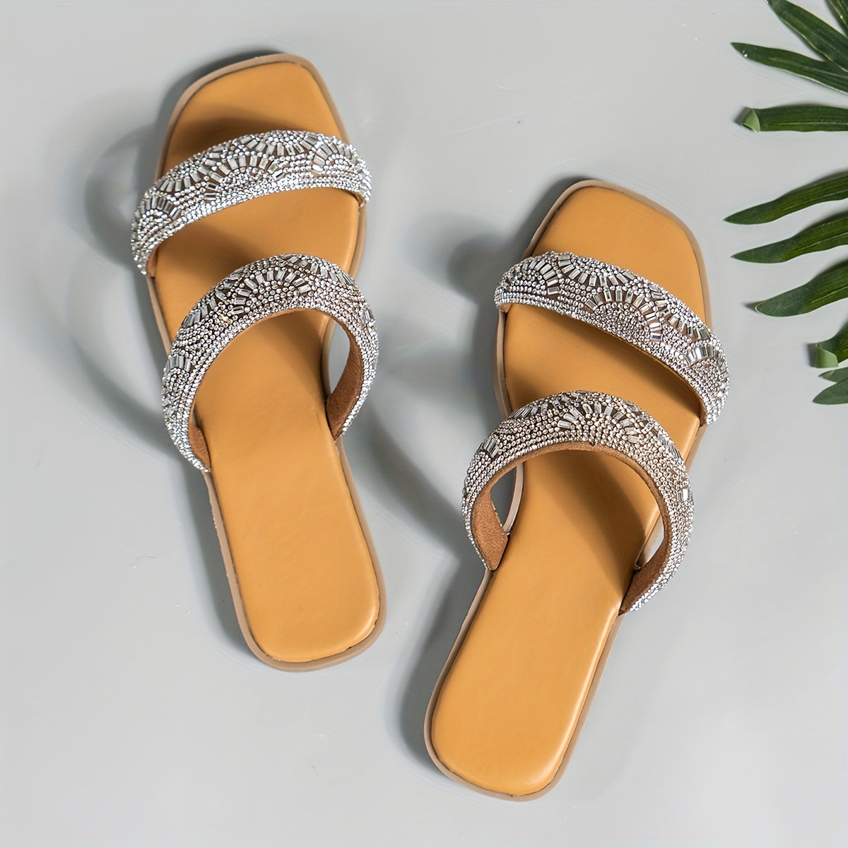 Women's Flat Sandals Soft Sole Glitter Rhinestone Double Strap Summer Casual